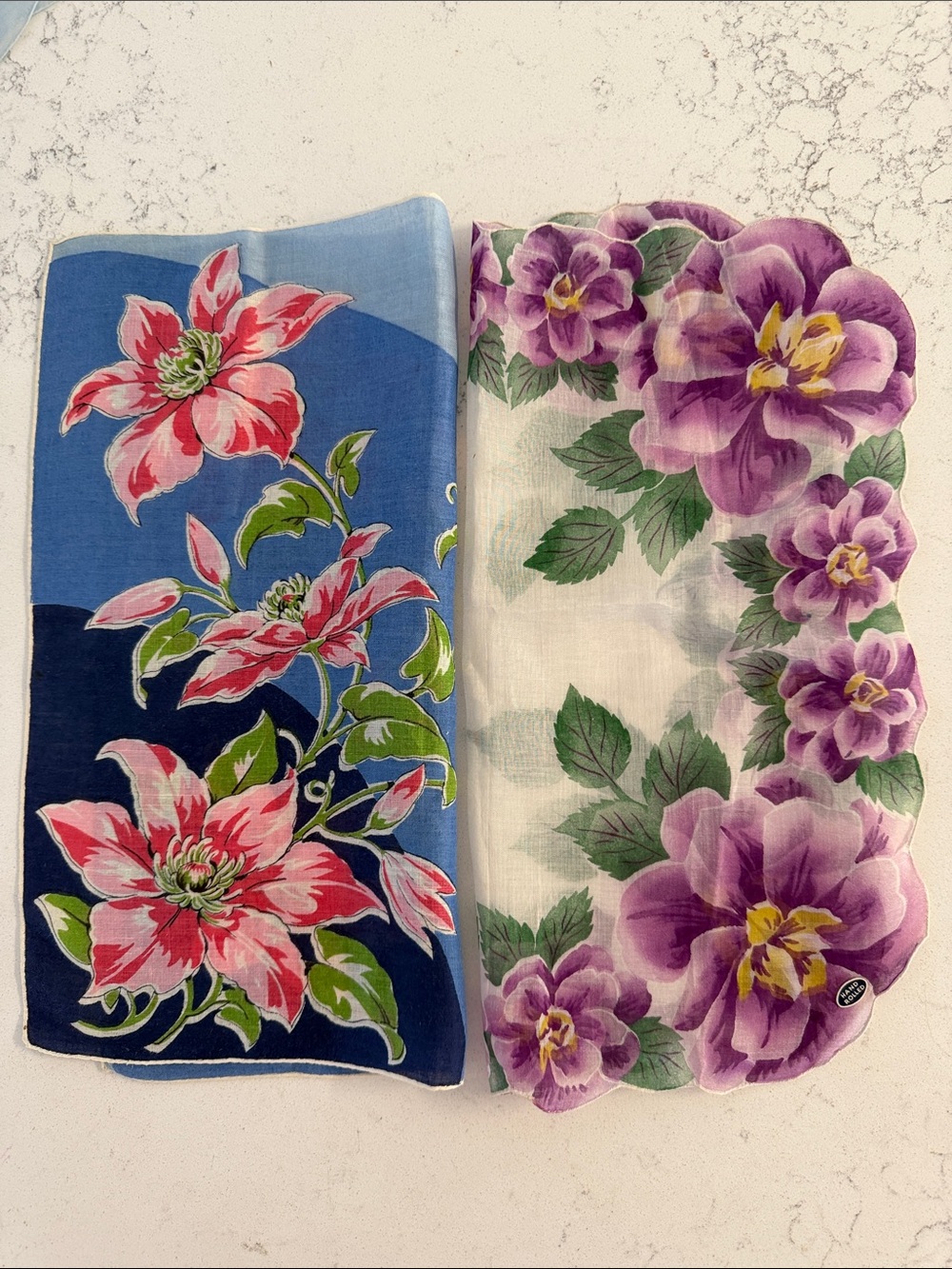 Vintage 2 pc Cotton Inspired White Purple & Red Floral Handkerchief